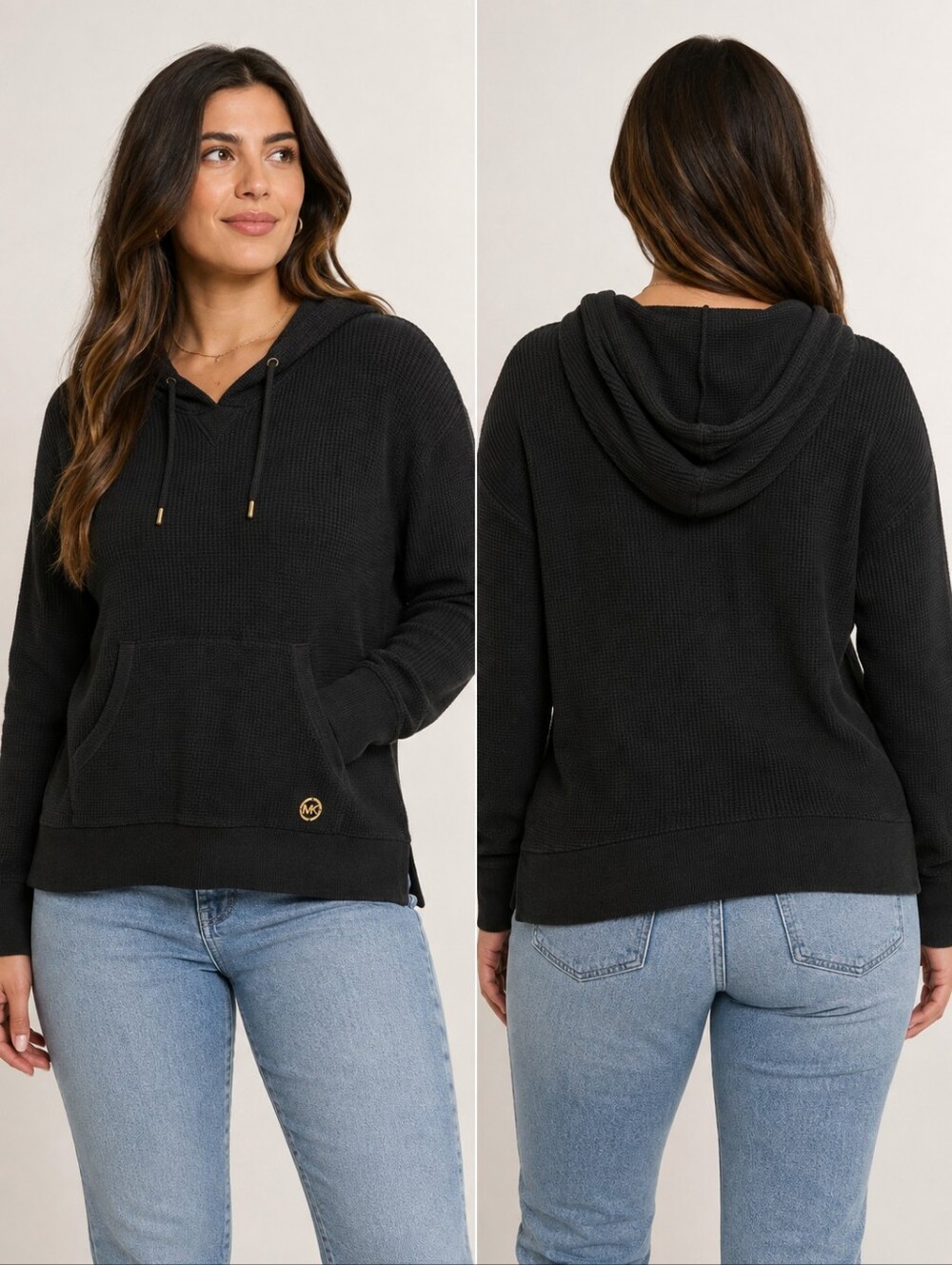 Michael Kors Black Waffle Knit Thermal Hoodie Women's Large L Designer Warm EUC